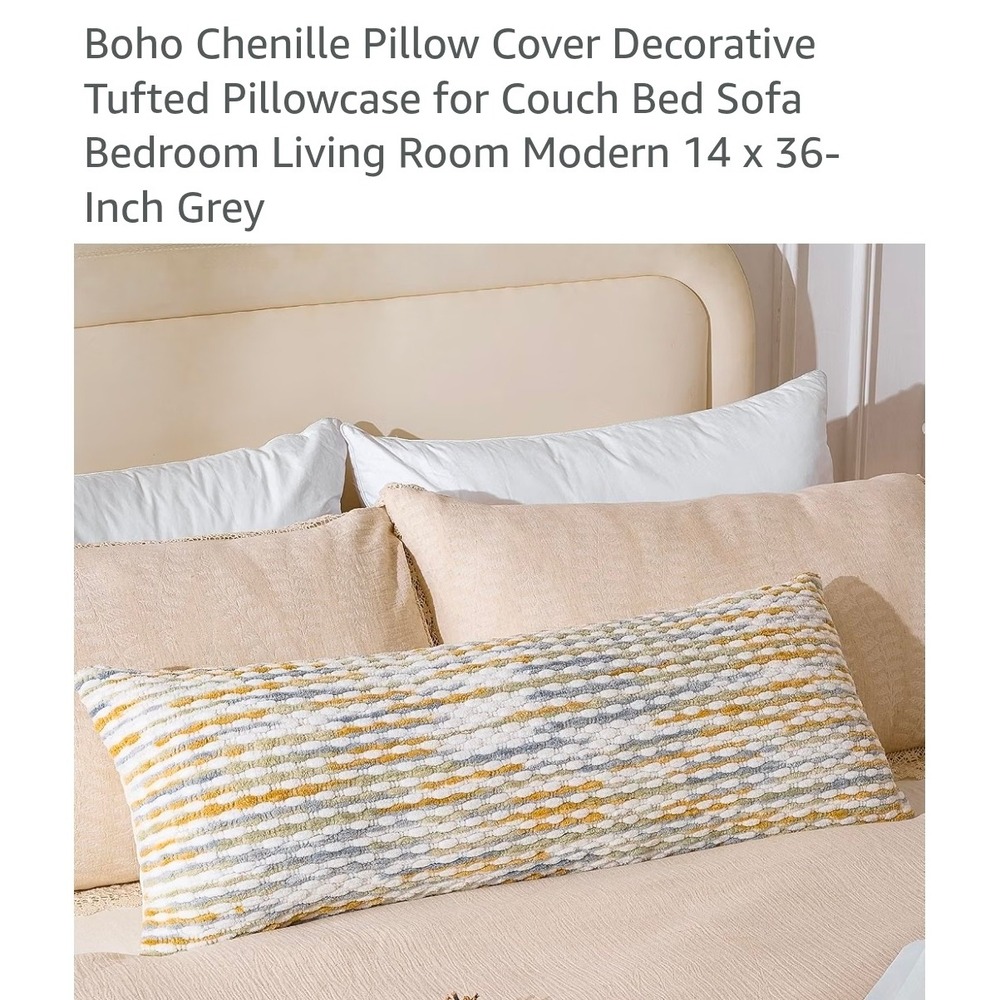 AmHoo Boho Chenille Tufted Lumbar Pillow Cover 14x36 Grey Yellow Stripe Cotton